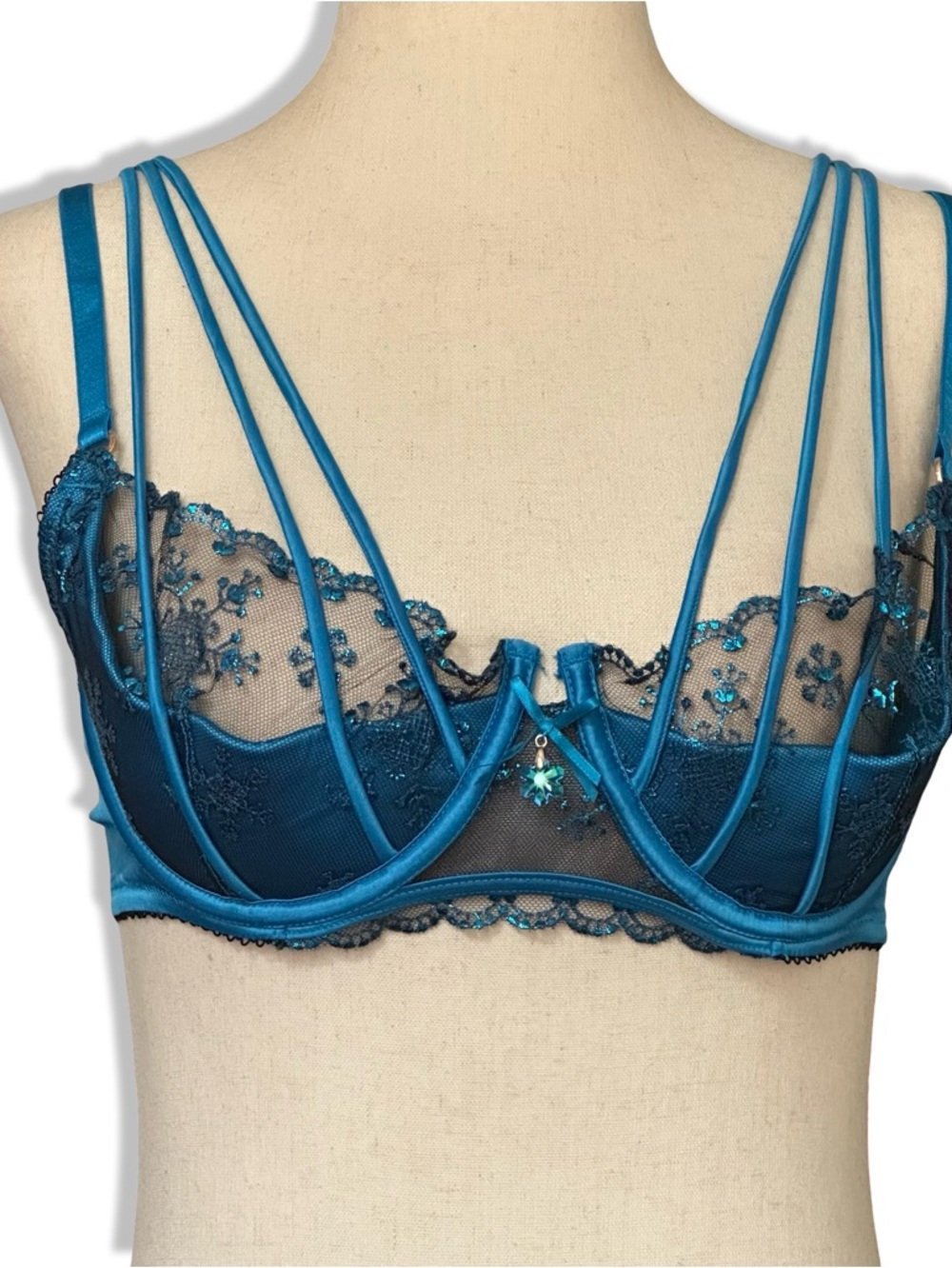 Honey Birdette Bra Sassy K Metallic Blue Push Up 32DD Lace Strappy Snowflake EUC